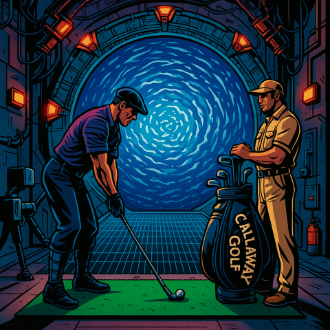 Une représentation graphique de Teal'c et le colonel O'Neil devant la porte des étoiles avec le vortex ouvert. Le colonel fait du golf. Image génrée par IA